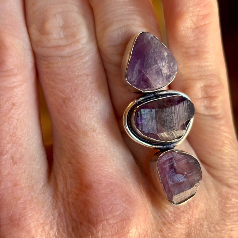 💍 Triple Amethyst 925 Sterling Silver Ring – Raw Gems Size 7